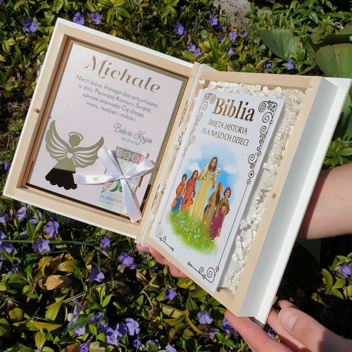 Biblia Pamiątka Pierwszej Komunii Świętej z dedykacją i miejscem na pieniądze