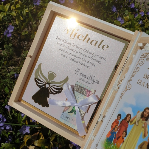 Biblia Pamiątka Pierwszej Komunii Świętej z dedykacją i miejscem na pieniądze