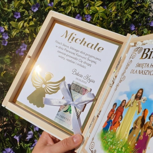 Biblia Pamiątka Pierwszej Komunii Świętej z dedykacją i miejscem na pieniądze