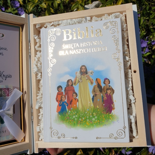 Biblia Pamiątka Pierwszej Komunii Świętej z dedykacją i miejscem na pieniądze