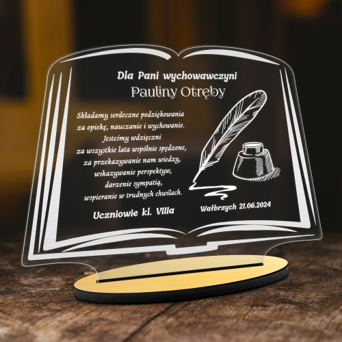Statuetka książka prezent dla wychowawcy nauczyciela z grawerem