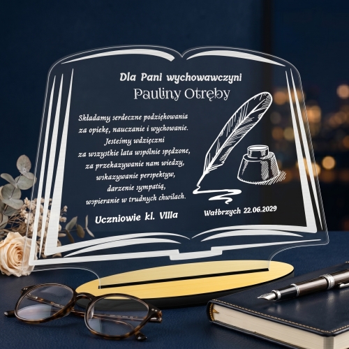Statuetka książka prezent dla wychowawcy nauczyciela z grawerem