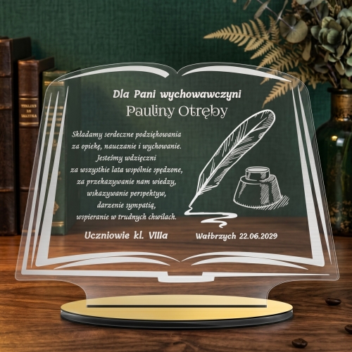 Statuetka książka prezent dla wychowawcy nauczyciela z grawerem