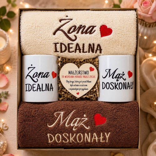 PREZENT ŚLUBNY ZESTAW ręczniki kubki żona i mąż serce z życzeniami
