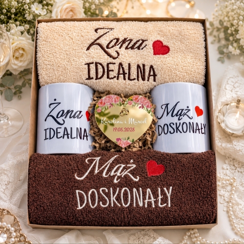 Prezent na Ślub Zestaw Ręczniki Kubki Serce z Grawerem