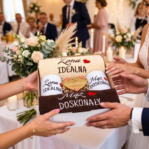 Prezent na Ślub Zestaw Ręczniki Kubki Serce z Grawerem