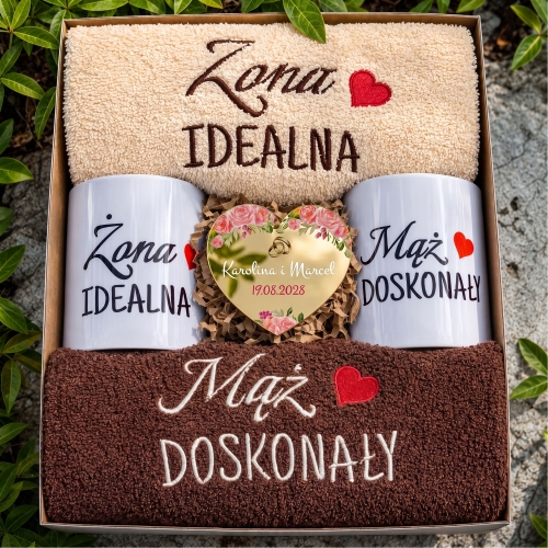 Prezent na Ślub Zestaw Ręczniki Kubki Serce z Grawerem