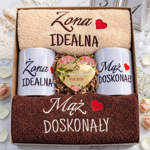 Prezent na Ślub Zestaw Ręczniki Kubki Serce z Grawerem