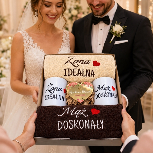 Prezent na Ślub Zestaw Ręczniki Kubki Serce z Grawerem