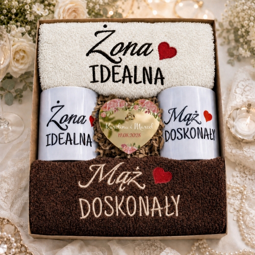 Prezent na Ślub Zestaw Ręczniki Kubki Serce z Grawerem