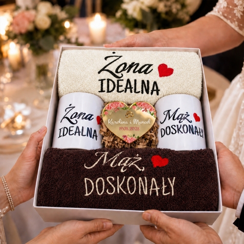 Prezent na Ślub Zestaw Ręczniki Kubki Serce z Grawerem