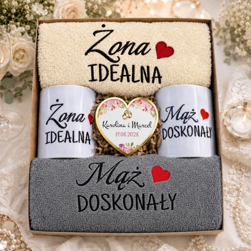 Prezent na Ślub Zestaw Ręczniki Kubki Serce z Grawerem