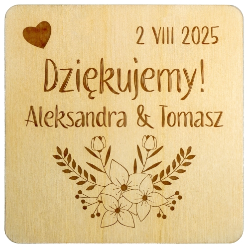 Podziękowania dla Gości na Ślub Drewniany Magnes z Imionami i Datą
