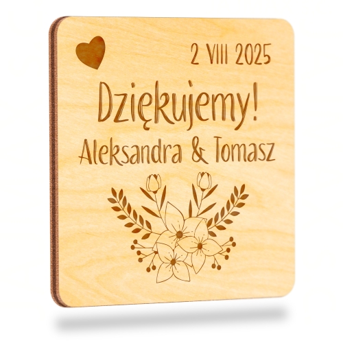 Podziękowania dla Gości na Ślub Drewniany Magnes z Imionami i Datą