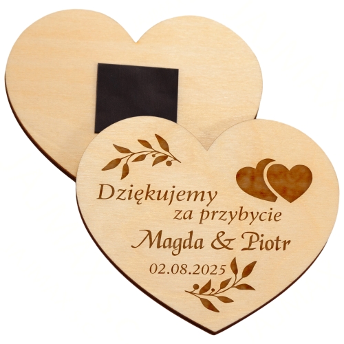 Podziękowania dla Gości na Ślub Drewniany Magnes Serce z Grawerem