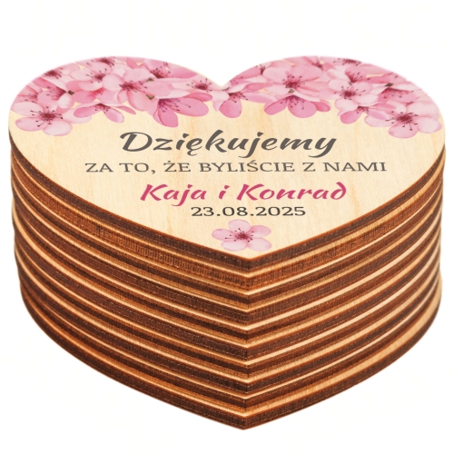 Podziękowania dla Gości na Ślub Drewniany Magnes Serce z Imionami