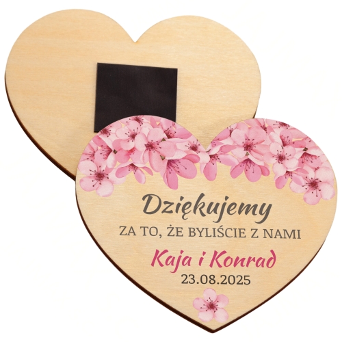 Podziękowania dla Gości na Ślub Drewniany Magnes Serce z Imionami