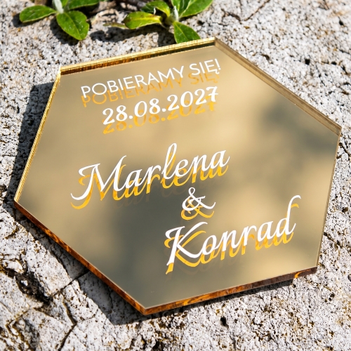 Podziękowania dla Gości na Ślub Złoty Magnes Heksagon 3D z Imionami