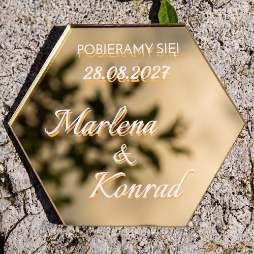 Podziękowania dla Gości na Ślub Złoty Magnes Heksagon 3D z Imionami