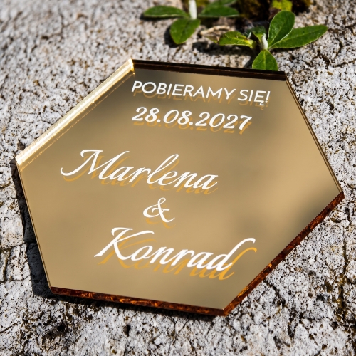 Podziękowania dla Gości na Ślub Złoty Magnes Heksagon 3D z Imionami
