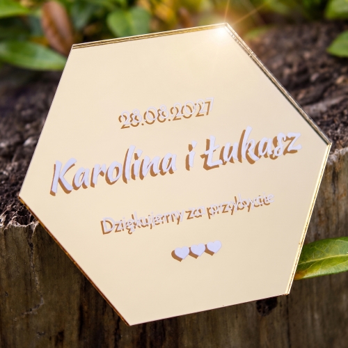 Podziękowania dla Gości Złoty Magnes Heksagon 3D z Imionami i Datą