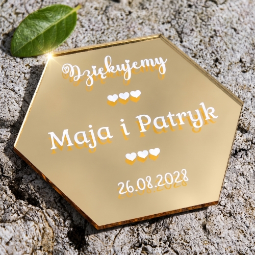 Podziękowania dla Gości na Ślub Złoty Magnes Heksagon 3D z Imionami