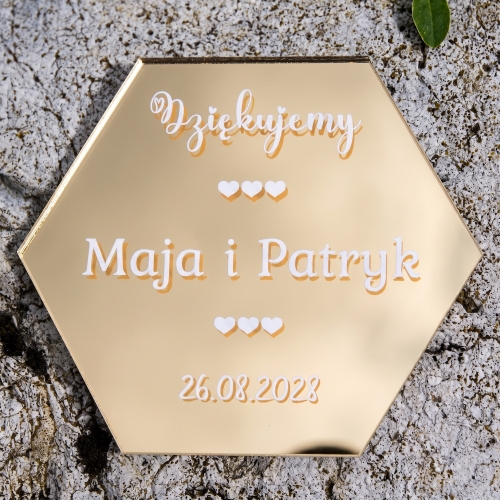 Podziękowania dla Gości na Ślub Złoty Magnes Heksagon 3D z Imionami