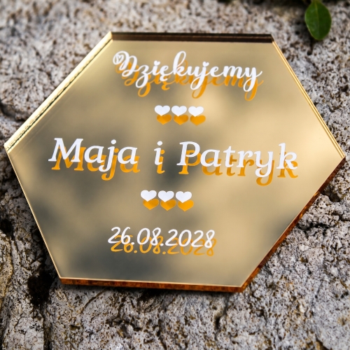 Podziękowania dla Gości na Ślub Złoty Magnes Heksagon 3D z Imionami