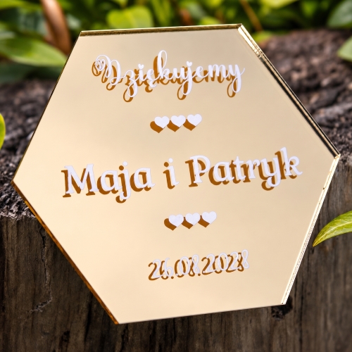 Podziękowania dla Gości na Ślub Złoty Magnes Heksagon 3D z Imionami