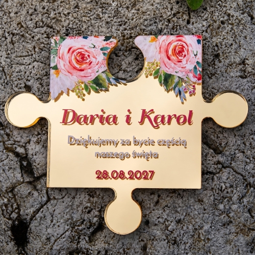Podziękowania dla Gości na Ślub Złoty Magnes Puzzle 3D z Imionami