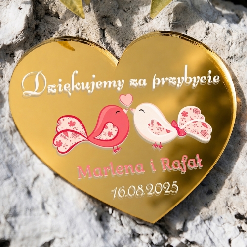 Podziękowania dla Gości na Ślub Złoty Magnes Serce Gołąbki Lustro 3D