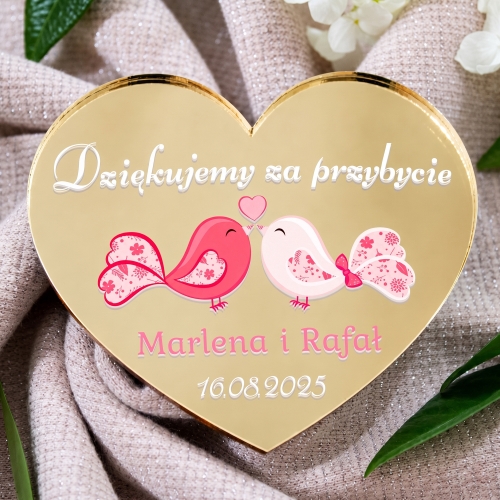 Podziękowania dla Gości na Ślub Złoty Magnes Serce Gołąbki Lustro 3D