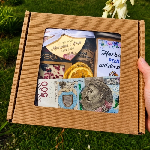 Prezent na Ślub Box na Pieniądze Miód Herbata Czekolada