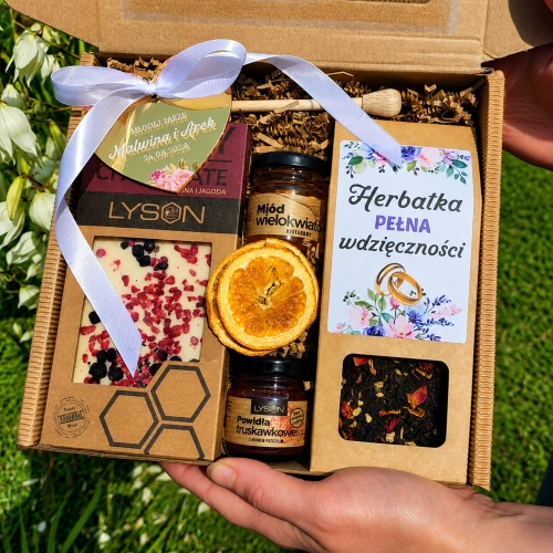 Prezent na Ślub Box na Pieniądze Miód Herbata Czekolada