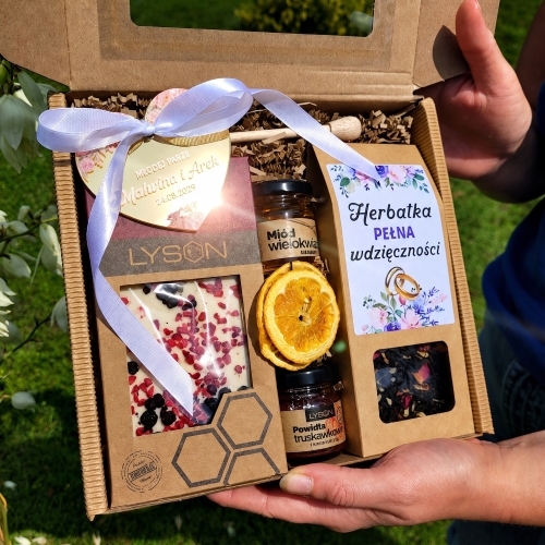 Prezent na Ślub Box na Pieniądze Miód Herbata Czekolada