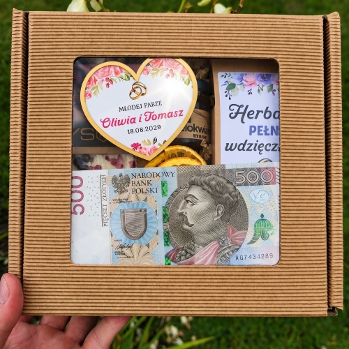 Prezent na Ślub Pudełko na Pieniądze Czekolada Miód Herbata
