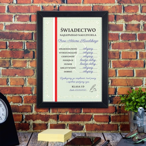 Świadectwo w ramce PAMIĄTKA DLA NAUCZYCIELA szkoła artystyczna