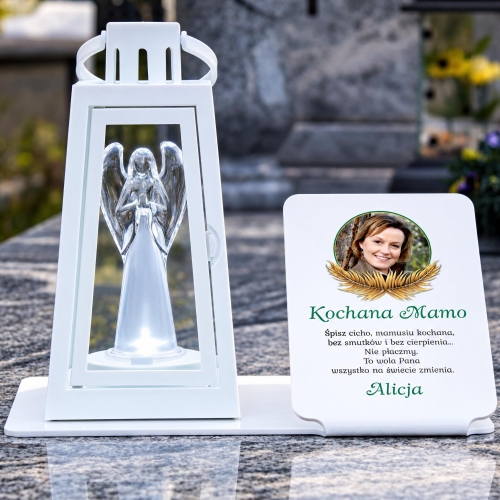 Biała Statuetka na Grób ze Zdjęciem i Dedykacją Pod Znicz