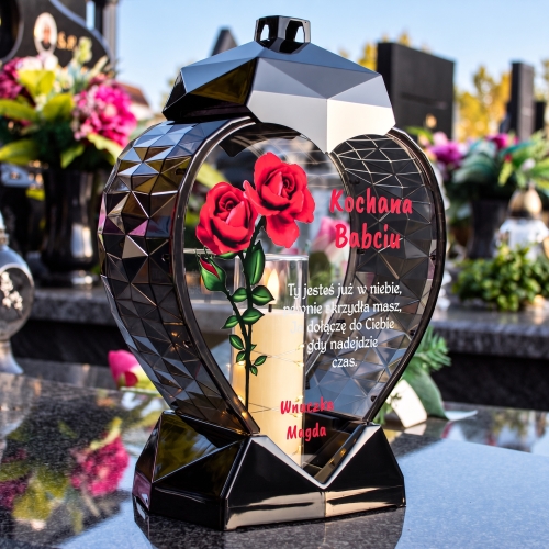 Znicz SOLARNY LED Personalizowany z Różą na Grób XXL