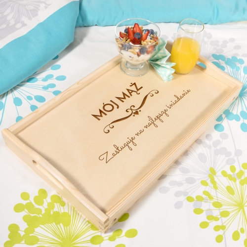 Drewniany stolik do łóżka jasny PREZENT NA URODZINY  grawer