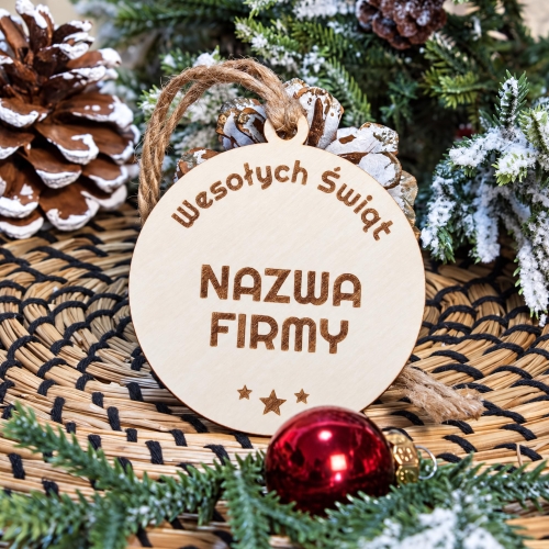 Bombka Drewniana z Grawerem Nazwy Firmy i Życzeniami Świątecznymi