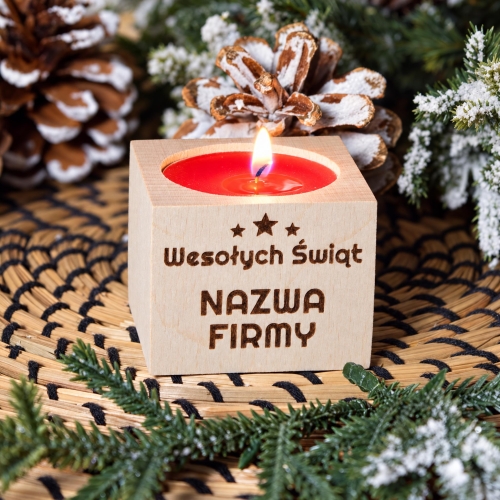 Upominki Świąteczne dla Klientów Świecznik Drewniany z Grawerem