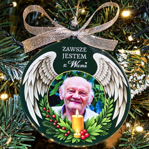 Bombka ze Zdjęciem Pamiątkowa ze Skrzydłami Anioła i Napisem