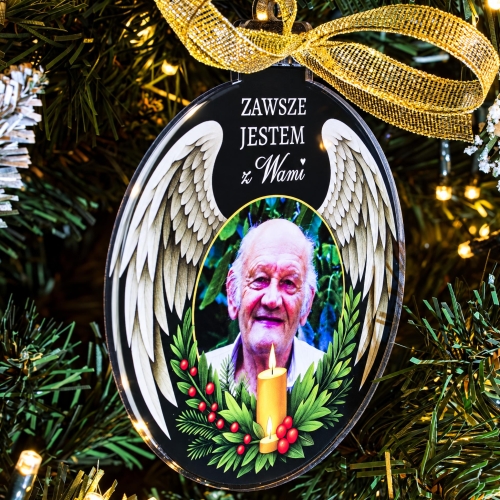 Bombka ze Zdjęciem Pamiątkowa ze Skrzydłami Anioła i Napisem