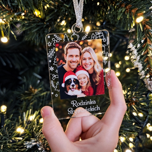 Bombka ze Zdjęciem Prostokątna z Własnym Napisem na Choinkę