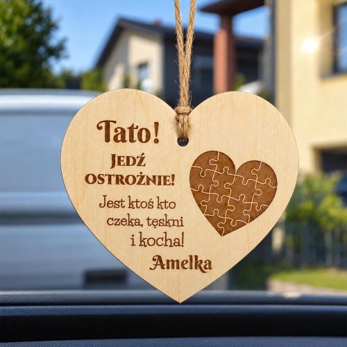 Prezent dla Taty Zawieszka do Auta Serce ze Zdjęciem Jedź Ostrożnie