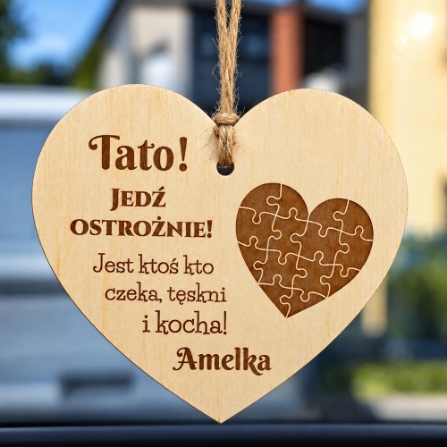 Prezent dla Taty Zawieszka do Auta Serce ze Zdjęciem Jedź Ostrożnie