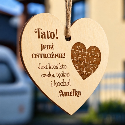 Prezent dla Taty Zawieszka do Auta Serce ze Zdjęciem Jedź Ostrożnie