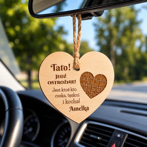 Prezent dla Taty Zawieszka do Auta Serce ze Zdjęciem Jedź Ostrożnie