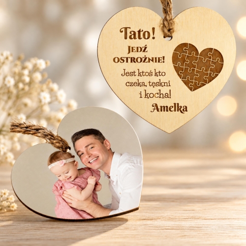 Prezent dla Taty Zawieszka do Auta Serce ze Zdjęciem Jedź Ostrożnie